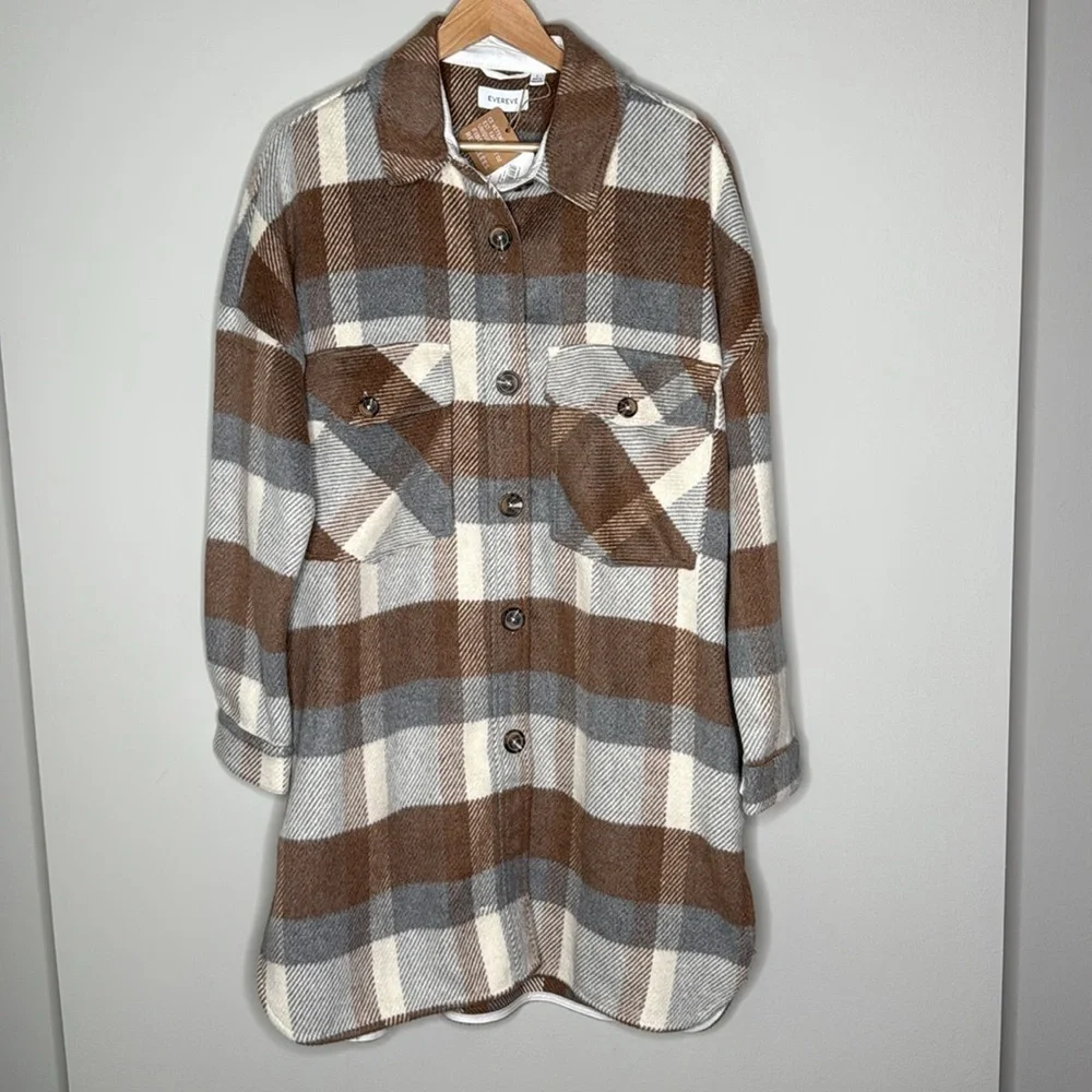 Evereve Raye Long Plaid Shacket Jacket in Camel Size Large NWT